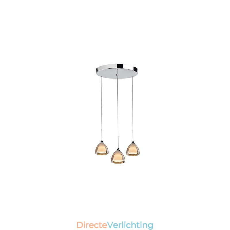 3-lichts hanglamp met twee lagen, gebarsten glas, gepolijst chroom