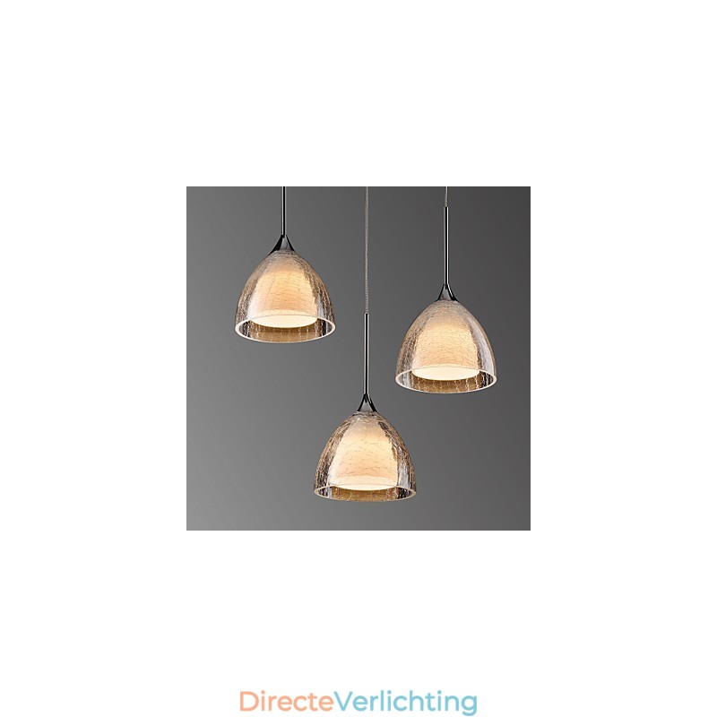 3-lichts hanglamp met twee lagen, gebarsten glas, gepolijst chroom