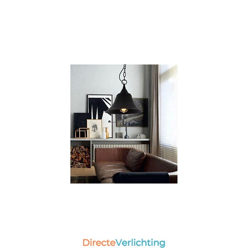Medium Vintage Matte Zwarte Bellvormige Metalen Hanglamp
