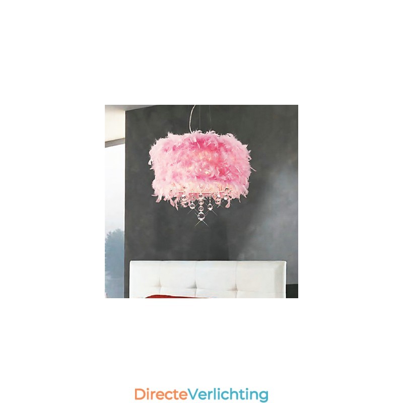 Kristallen hanglamp met 5 lampen in roze verenkap