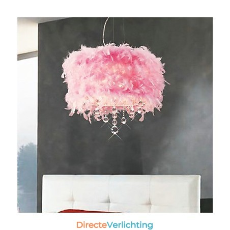 Kristallen hanglamp met 5 lampen in roze verenkap Kristallen hanglamp met 5 lampen in roze verenkap