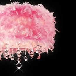 Kristallen hanglamp met 5 lampen in roze verenkap