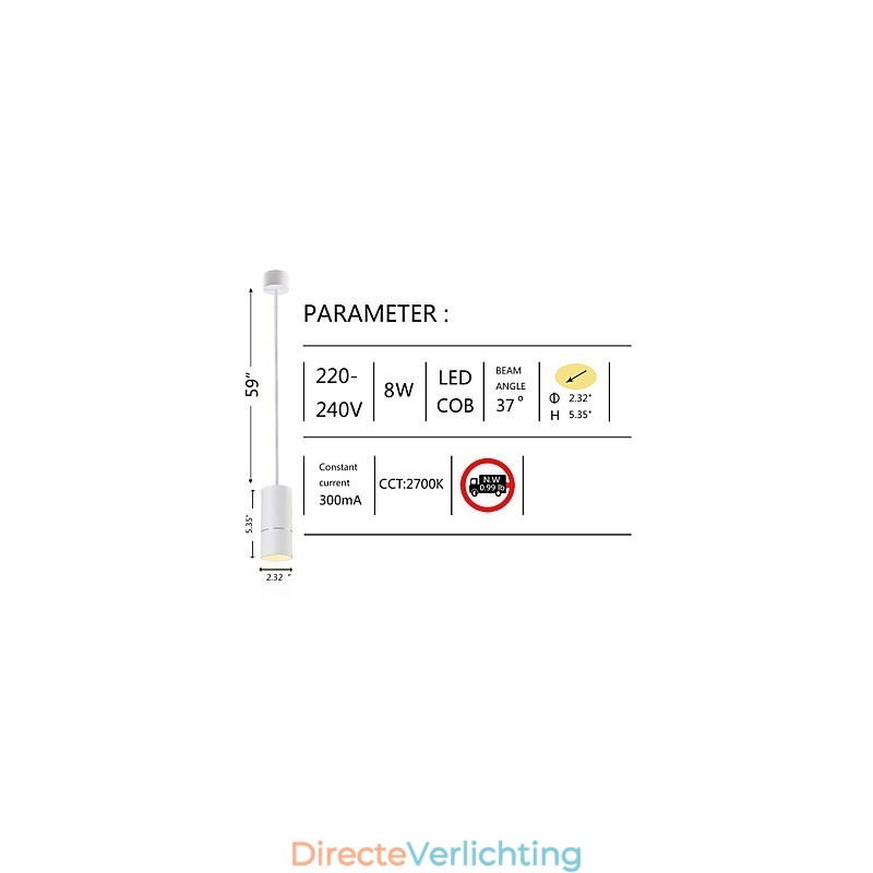 GE 05032 8W 136mm 1-lichts mini hanglamp gepoedercoat wit met aluminium