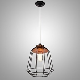 Hanglamp met ijzeren schilderij en houten midden, ijzeren kooiverlichtingslamp