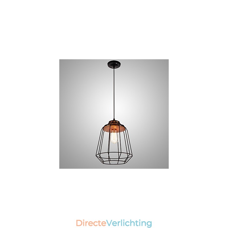 Hanglamp met ijzeren schilderij en houten midden, ijzeren kooiverlichtingslamp