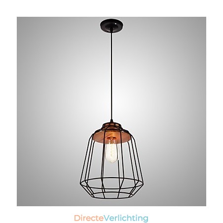 Hanglamp met ijzeren schilderij en houten midden, ijzeren kooiverlichtingslamp Hanglamp met ijzeren schilderij en houten midden, ijzeren kooiverlichtingslamp