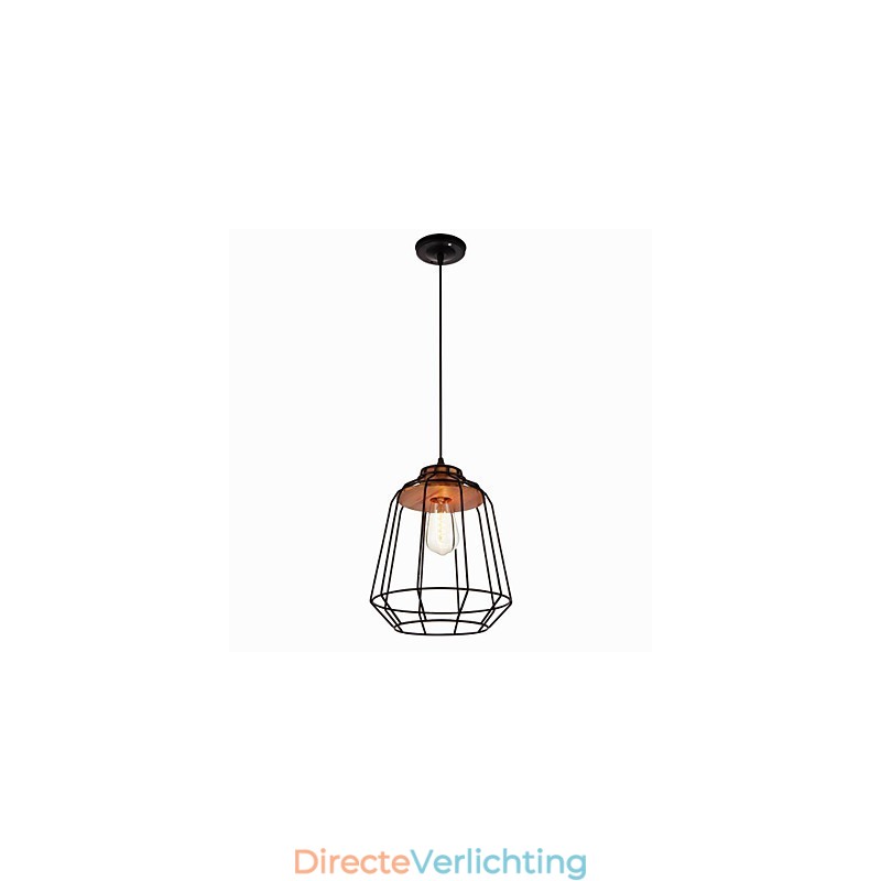 Hanglamp met ijzeren schilderij en houten midden, ijzeren kooiverlichtingslamp