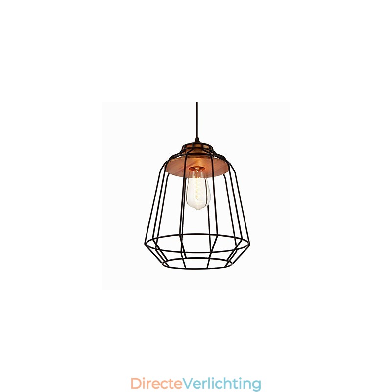 Hanglamp met ijzeren schilderij en houten midden, ijzeren kooiverlichtingslamp