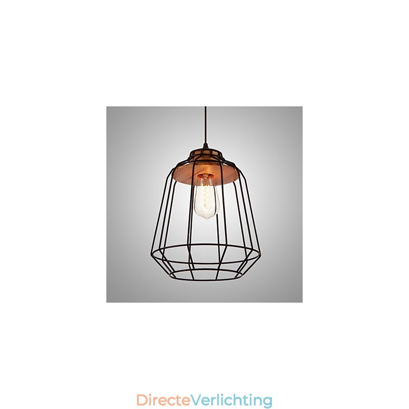 Hanglamp met ijzeren schilderij en houten midden, ijzeren kooiverlichtingslamp