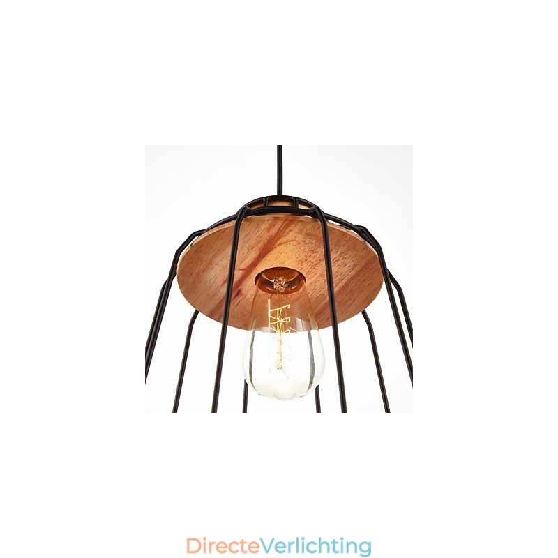 Hanglamp met ijzeren schilderij en houten midden, ijzeren kooiverlichtingslamp