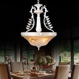 Witte hanglamp met drie lampen, patroon, glazen kap, handverguld, Europees retro klassiek