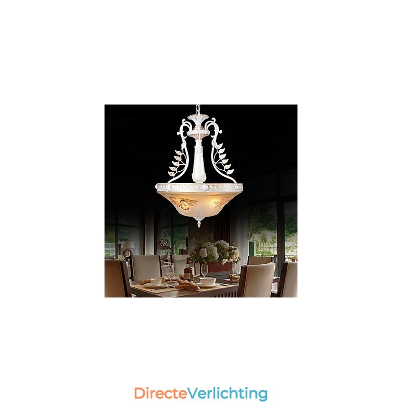 Witte hanglamp met drie lampen, patroon, glazen kap, handverguld, Europees retro klassiek