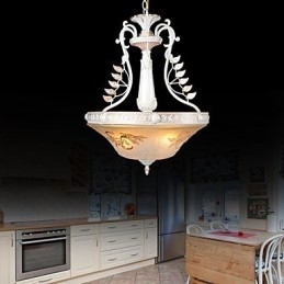 Witte hanglamp met drie lampen, patroon, glazen kap, handverguld, Europees retro klassiek