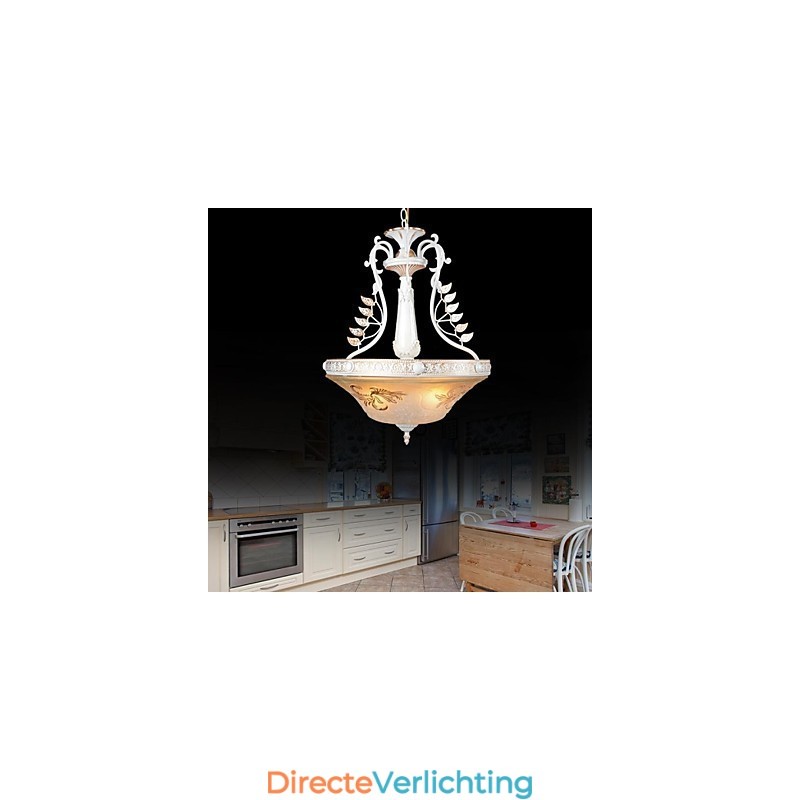 Witte hanglamp met drie lampen, patroon, glazen kap, handverguld, Europees retro klassiek