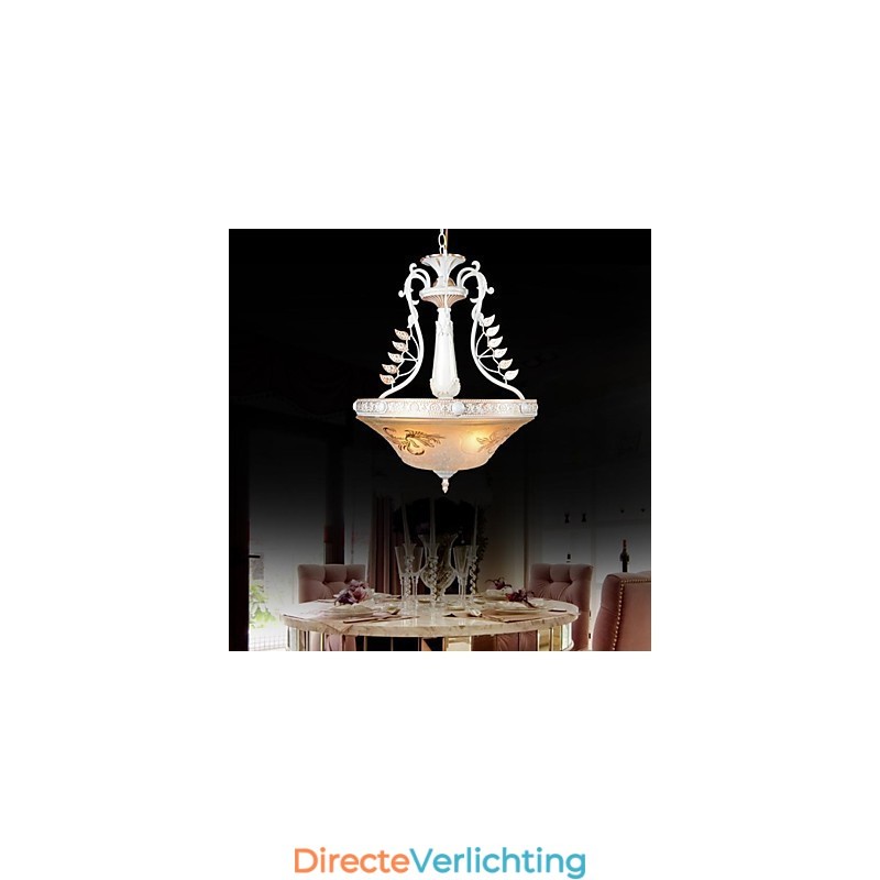 Witte hanglamp met drie lampen, patroon, glazen kap, handverguld, Europees retro klassiek