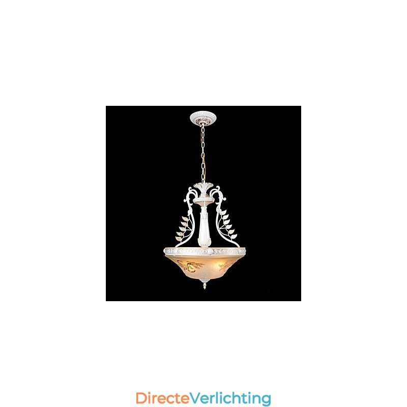 Witte hanglamp met drie lampen, patroon, glazen kap, handverguld, Europees retro klassiek