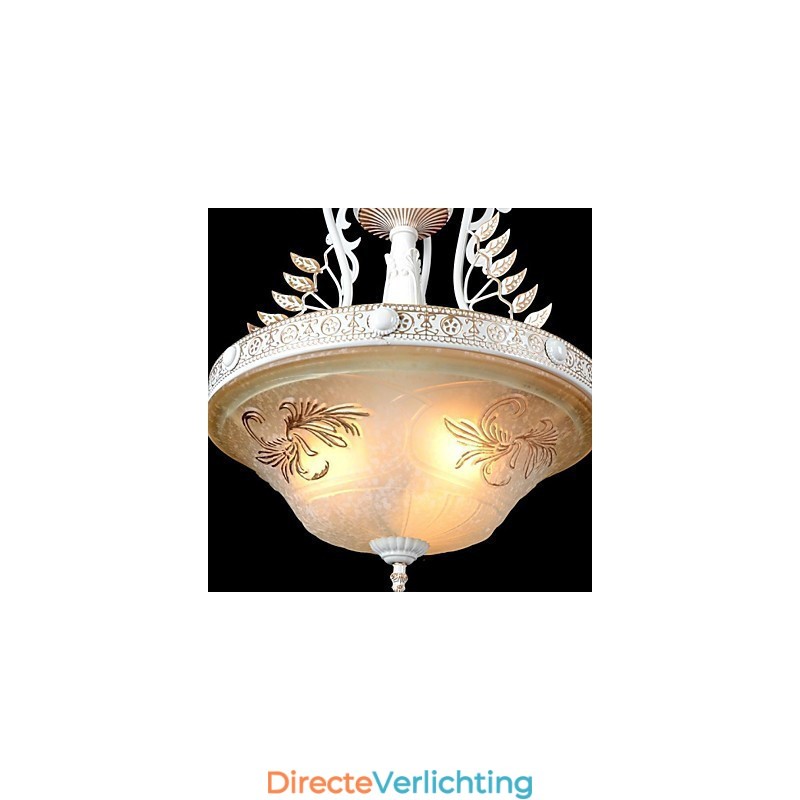 Witte hanglamp met drie lampen, patroon, glazen kap, handverguld, Europees retro klassiek