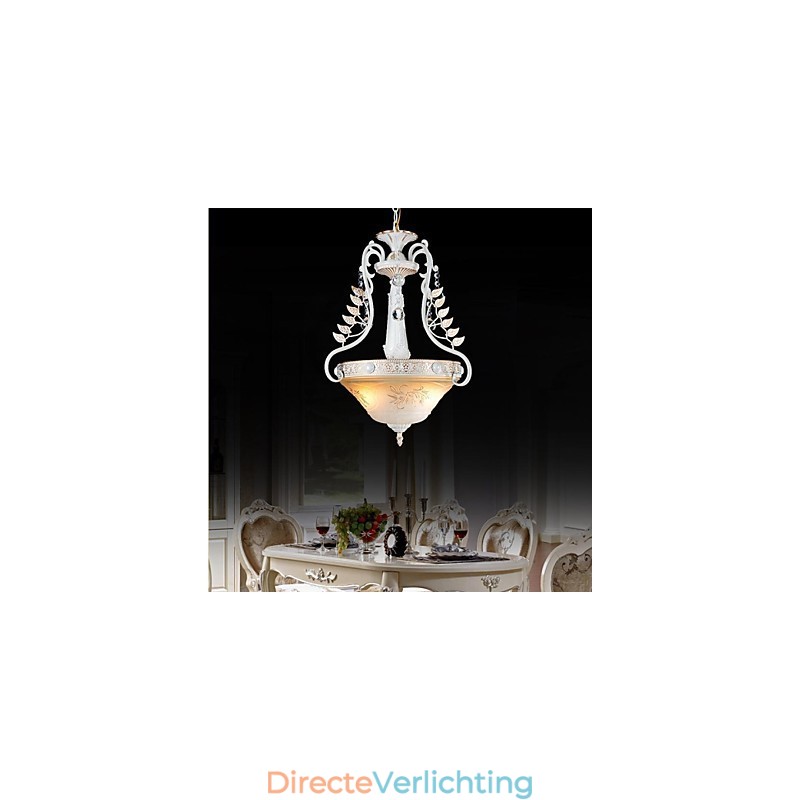 Witte hanglamp met twee lampen, patroon, glazen kap, handverguld, Europees retro klassiek