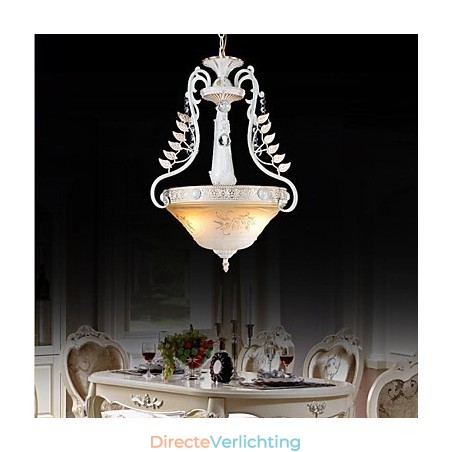 Witte hanglamp met twee lampen, patroon, glazen kap, handverguld, Europees retro klassiek Witte hanglamp met twee lampen, patroon, glazen kap, handverguld, Europees retro klassiek
