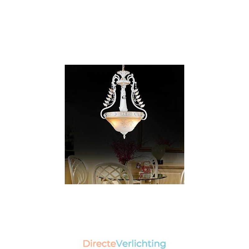 Witte hanglamp met twee lampen, patroon, glazen kap, handverguld, Europees retro klassiek