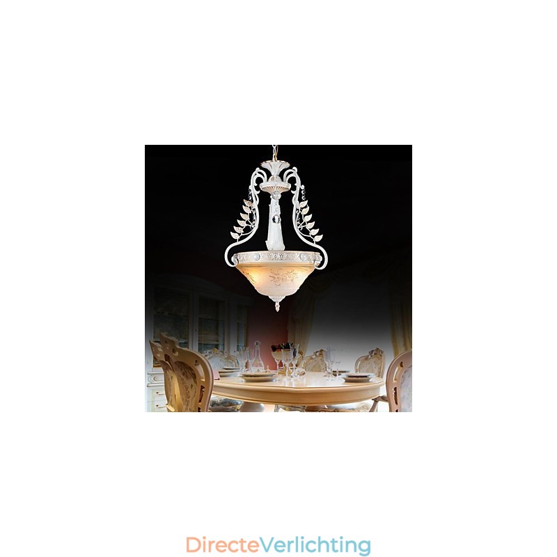 Witte hanglamp met twee lampen, patroon, glazen kap, handverguld, Europees retro klassiek