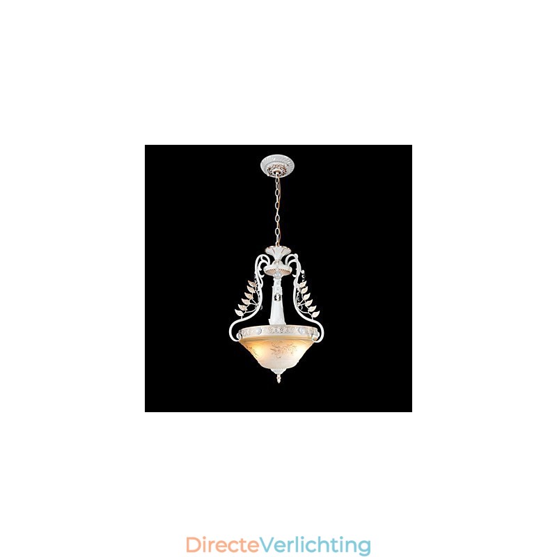 Witte hanglamp met twee lampen, patroon, glazen kap, handverguld, Europees retro klassiek