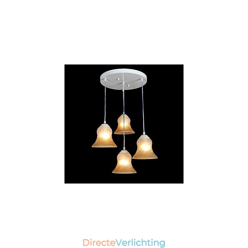 Witte hanglamp met vier lampen, patroon, glazen kap, handverguld, Europees retro klassiek
