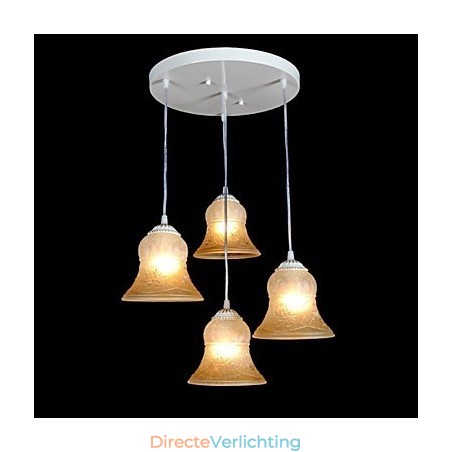 Witte hanglamp met vier lampen, patroon, glazen kap, handverguld, Europees retro klassiek Witte hanglamp met vier lampen, patroon, glazen kap, handverguld, Europees retro klassiek
