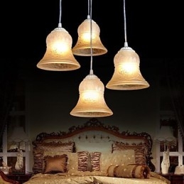 Witte hanglamp met vier lampen, patroon, glazen kap, handverguld, Europees retro klassiek