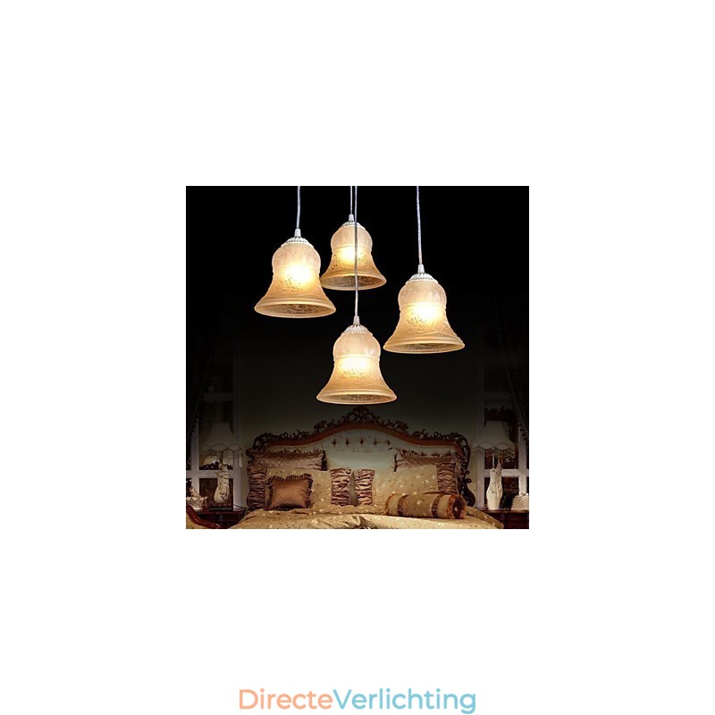 Witte hanglamp met vier lampen, patroon, glazen kap, handverguld, Europees retro klassiek