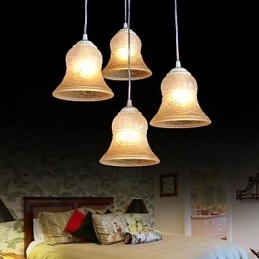 Witte hanglamp met vier lampen, patroon, glazen kap, handverguld, Europees retro klassiek