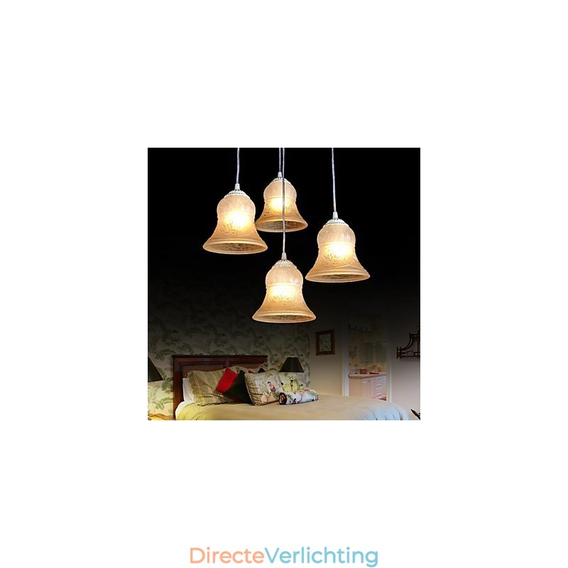 Witte hanglamp met vier lampen, patroon, glazen kap, handverguld, Europees retro klassiek