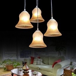 Witte hanglamp met vier lampen, patroon, glazen kap, handverguld, Europees retro klassiek