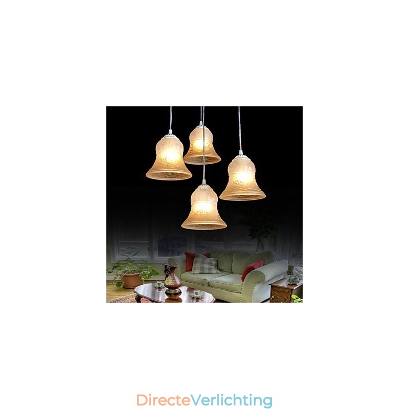 Witte hanglamp met vier lampen, patroon, glazen kap, handverguld, Europees retro klassiek