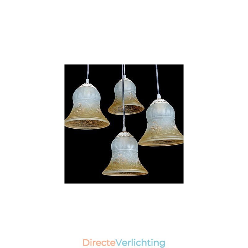 Witte hanglamp met vier lampen, patroon, glazen kap, handverguld, Europees retro klassiek