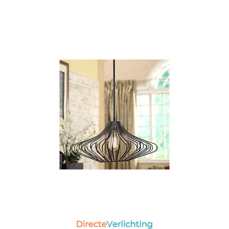 Moderne hanglamp met zwarte metalen structuurkap