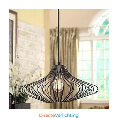 Moderne hanglamp met zwarte metalen structuurkap Moderne hanglamp met zwarte metalen structuurkap