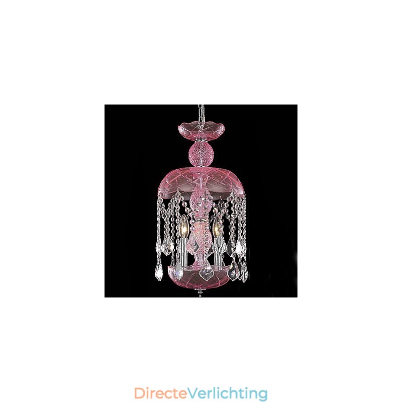 Moderne kristallen hanglamp met 3 lampen in roze kap