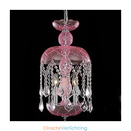 Moderne kristallen hanglamp met 3 lampen in roze kap Moderne kristallen hanglamp met 3 lampen in roze kap