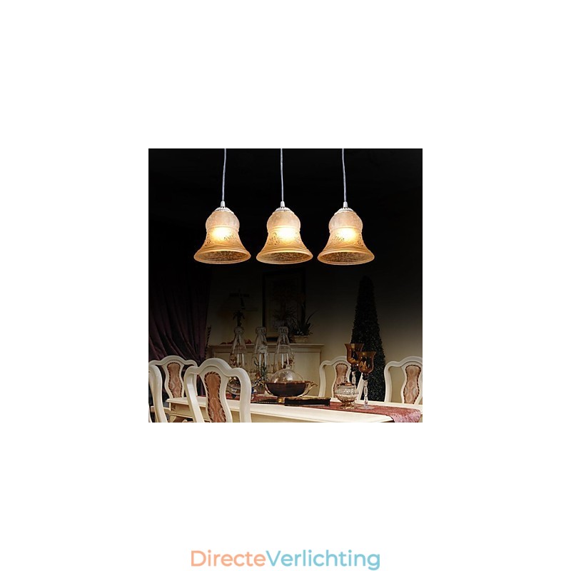Witte hanglamp met drie lampen, patroon, glazen kap, handverguld, Europees retro klassiek