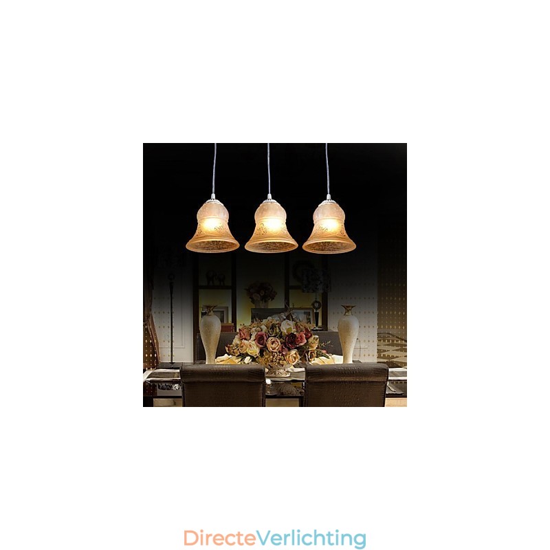 Witte hanglamp met drie lampen, patroon, glazen kap, handverguld, Europees retro klassiek