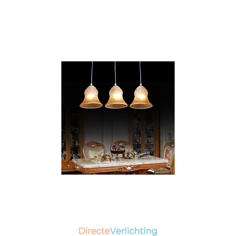 Witte hanglamp met drie lampen, patroon, glazen kap, handverguld, Europees retro klassiek