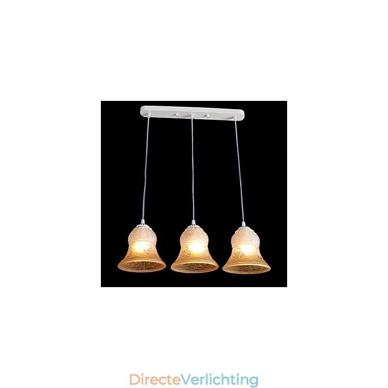 Witte hanglamp met drie lampen, patroon, glazen kap, handverguld, Europees retro klassiek
