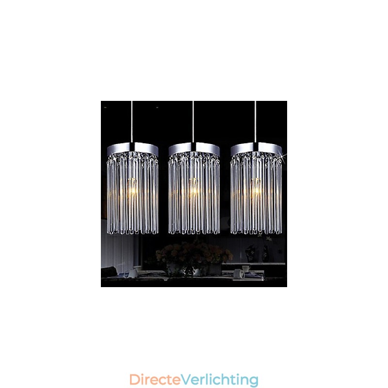 Moderne hanglamp met 3 lampen en glazen staaf