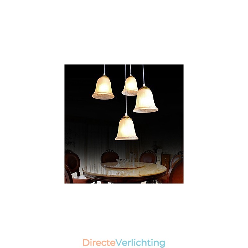Bronzen hanglamp met vier lampen, patroon, glazen kap, Europees retro klassiek