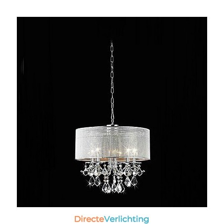 Moderne 5-lichts kristallen hanglamp met stoffen kap Moderne 5-lichts kristallen hanglamp met stoffen kap