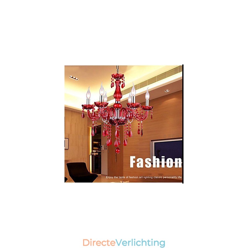 Kroonluchter Rood Kristal Luxe Modern 6 Lampen
