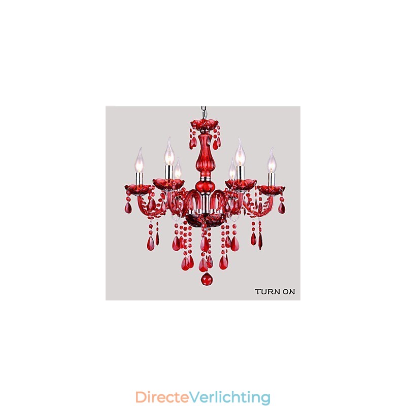 Kroonluchter Rood Kristal Luxe Modern 6 Lampen