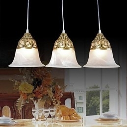 Bronzen hanglamp drie lampen moiré glas Europees klassiek