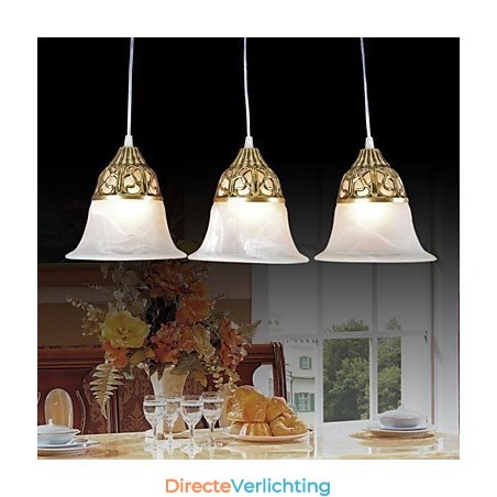 Bronzen hanglamp drie lampen moiré glas Europees klassiek Bronzen hanglamp drie lampen moiré glas Europees klassiek